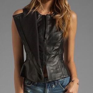 BCBG Max Azria Liu Black 100% Lamb Leather Zip Front Fitted Moto Vest Sz…